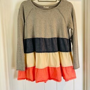 ODDY Gray Tiered Long Sleeve Top with Denim, Cream & Coral Ruffles